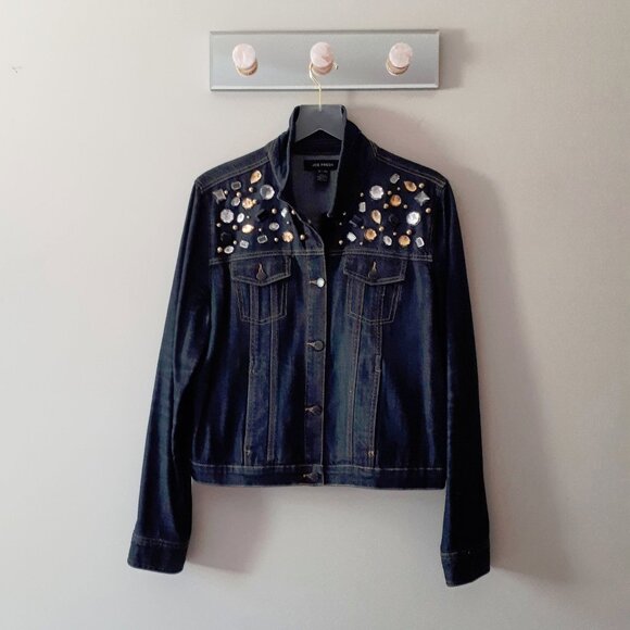 EUC Joe Fresh dark blue denim jacket w/ crystal & pearl embellishments, XL - Picture 4 of 8